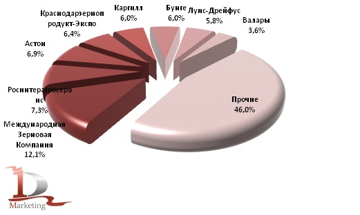Доли российских предприятия экспортеров зерна в 2010 году, % Доли российских предприятия экспортеров зерна в 2010 году, %