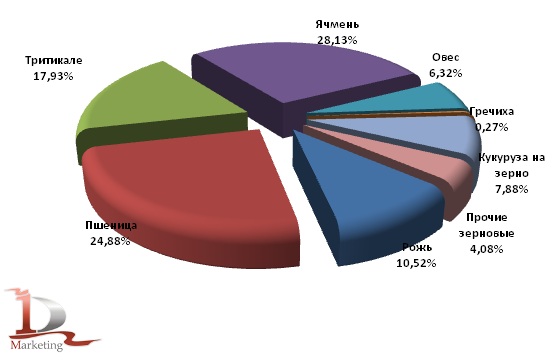 Структура валового сбора зерновых в Беларуси в 2010 году по культурам