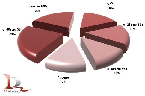 Структура импорта автокранов за 2009-1 кв. 2010 гг. по грузоподъемности